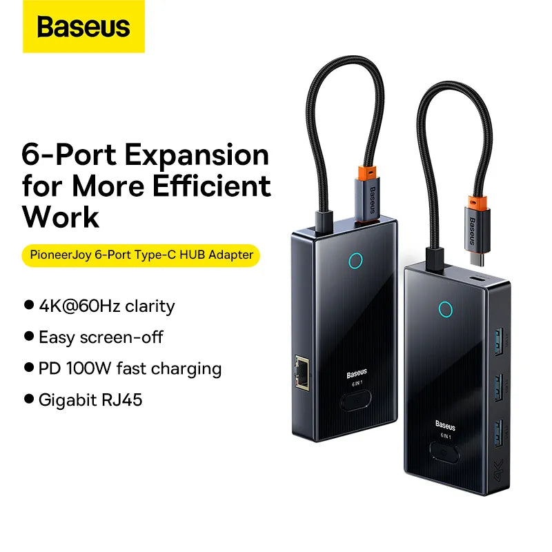 Baseus FOCUS SERIES 6-Port Type-C HUB Adapter Gray(Type-C to HDMI4K@60Hz*1+USB3.0*3+PD*1+RJ45*1)WKYY030213