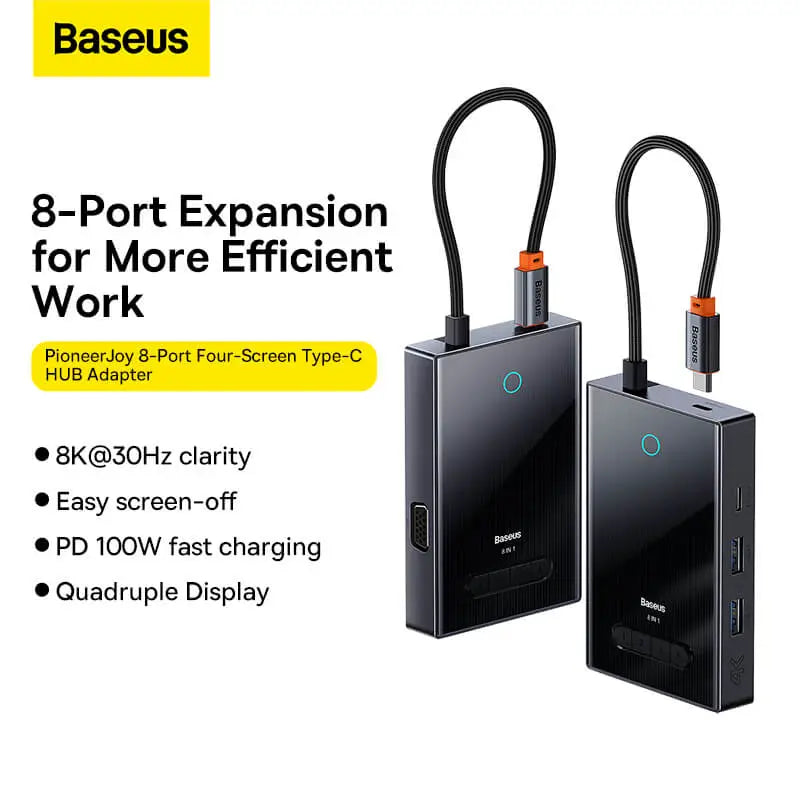Baseus FOCUS SERIES 8-Port Four-Screen Type-C HUB Adapter Gray(Type-C to HDMI4K@60Hz*1+HDMI4K@30Hz*1+DP8K@30Hz*1+VGA+USB3.0*2+Type-C(Data+PDout)*1+PD*1)WKYY030413