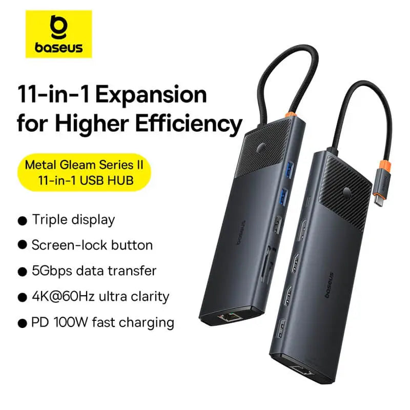 Baseus Metal Gleam Series II 11-in-1 USB HUB Cosmic Black(USB-C to 1*HDMI4K@60Hz+1*HDMI4K@60Hz+1*DP4K@60Hz+2*USB-A(5Gbps)+2*USB-A(480Mbps)+1*RJ45+1*SD/TF+1*USB-C(PD) )B00061801123-00