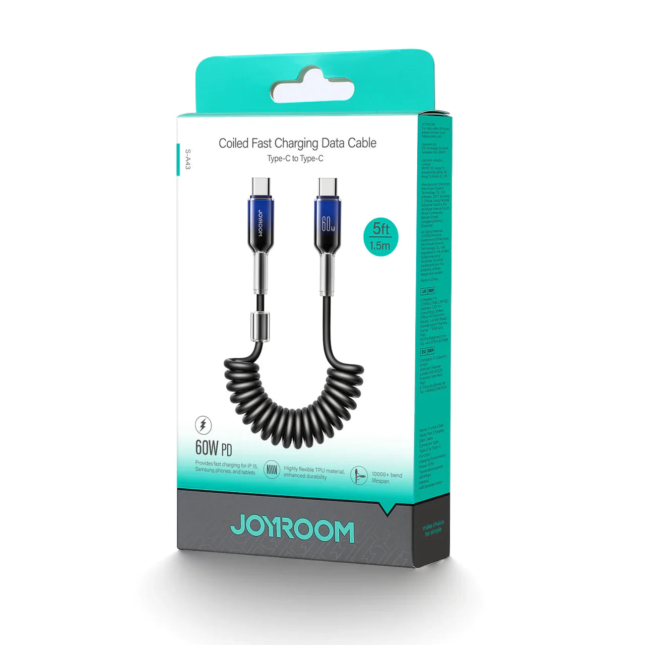 JOYROOM S-A43 60W Type-C to C 1.25 Coiled Crystal-Clear Series Fast Charging Data Cable Black
