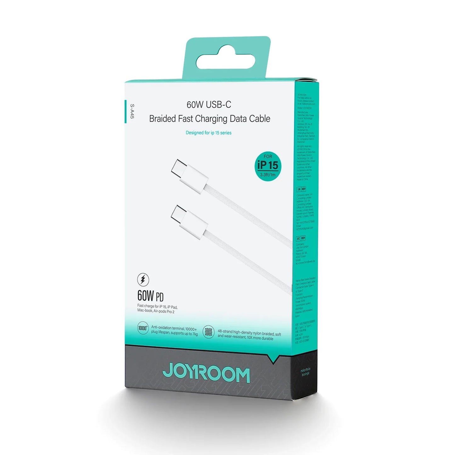 JOYROOM S-A45 60W Type-C to Type-C Ben Series Braided Fast Charging Data Cable 1M White