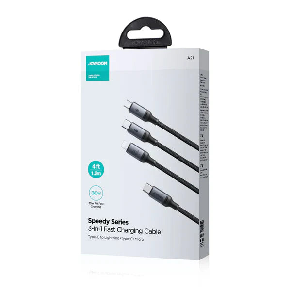 JOYROOM SA21-1T3 30W 3-in-1 Type-C to L+C+M Speedy Series Fast Charging Cable 1.2M Black