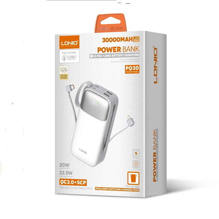 LDNIO PQ30 30000mAh 22.5W USB-C Fast Charging Power Banks smart LED Display Built-in Charging Cable Power Bank