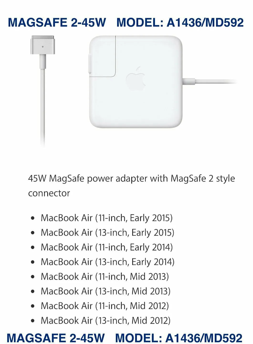 Apple 45W Magsafe MS2 Power Adapter Charger MacBook Air