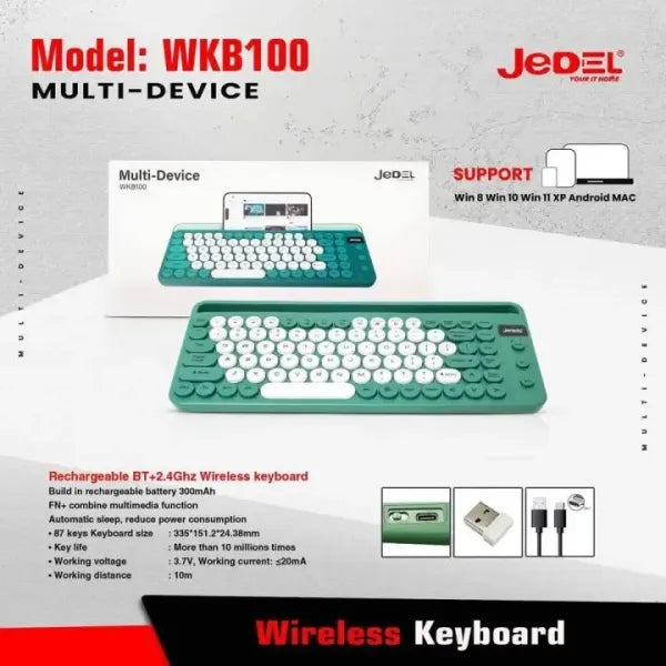 Jedel WKB100 90 Key Rechargeable Wireless Keyboard 2.4Ghz Wireless + Bluetooth