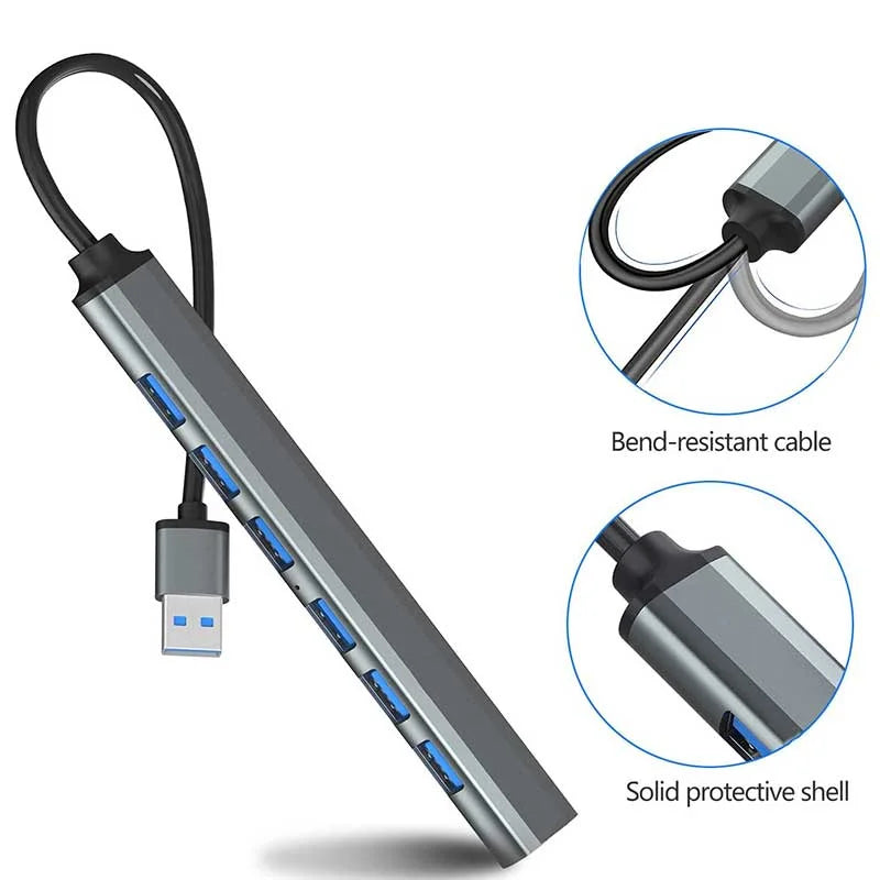 2IN1 7 Port Usb 3.0 Ultra Slim Portable Hub Aluminum Alloy