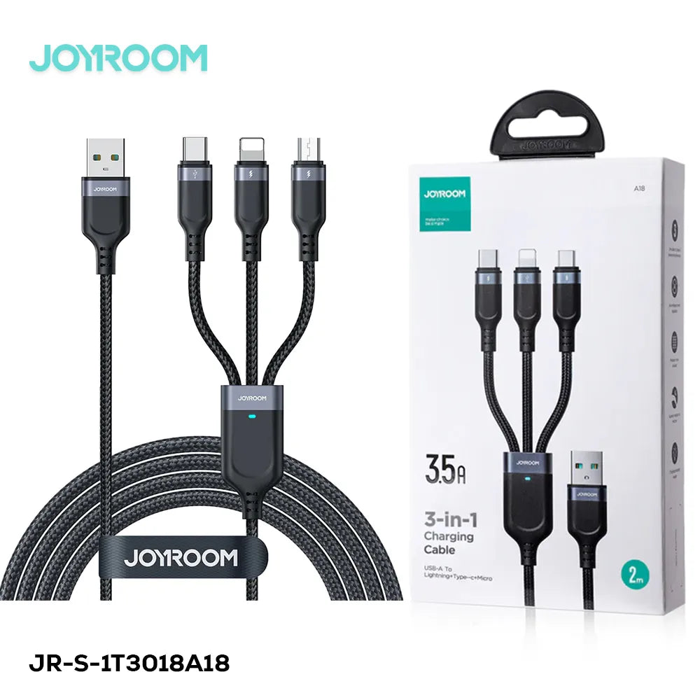 JOYROOM S-A18 Multi-Use Series 3.5AUSB-AtoLightning+Type-C+Micro3-in-1DataCable1.2m-BlacK