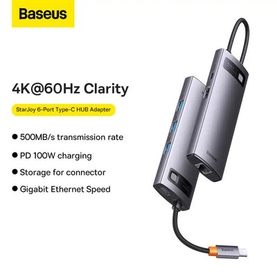 Baseus Metal Gleam Series 6-Port Type-C HUB Adapter （Type-C to HDMI4K@60Hz*1+USB3.0*3+PD*1+RJ45*1) WKWG080013