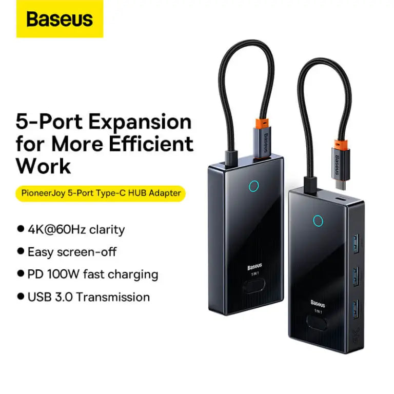 Baseus FOCUS SERIES 5-Port Type-C HUB Adapter Gray（Type-C to HDMI4K@60Hz*1+USB3.0*3+PD*1）WKYY030113