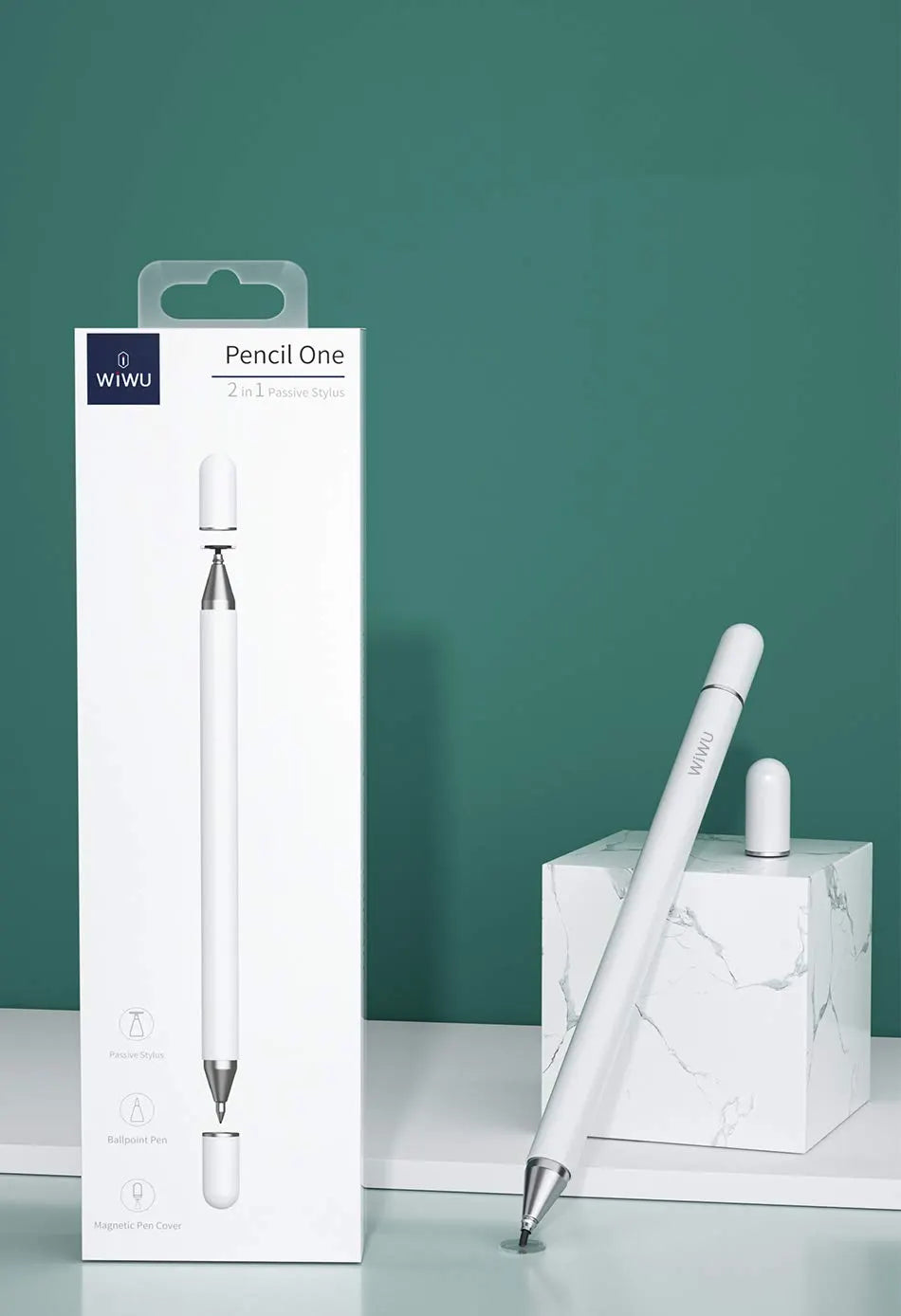 WiWU Pencil One: White Aluminum Alloy 2-in-1 Slim Stylus Pen for Smartphones and Tablets
