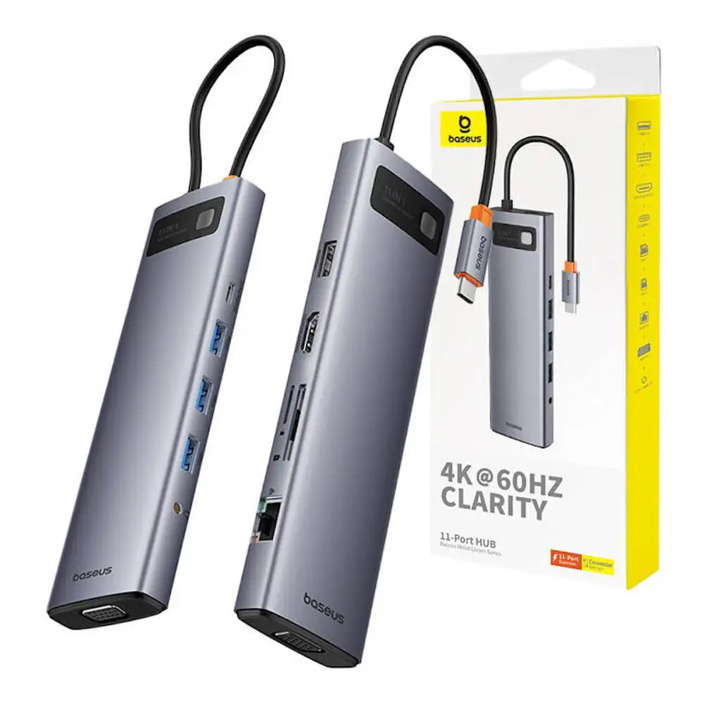 Baseus Metal Gleam Series 11-Port HUB Space Grey （Type-C to HDMI4K@60Hz*1+VGA*1+USB3.0*3+USB2.0*1+PD*1+RJ45*1+SD/TF*1+3.5mm*1)