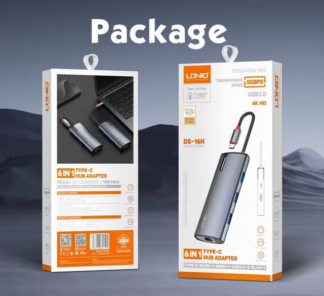 LDNIO DS-16H Type C 6 in 1 Hub HDMI USB3.0 RJ45 Type-c Pd Adapter Laptop Dockin