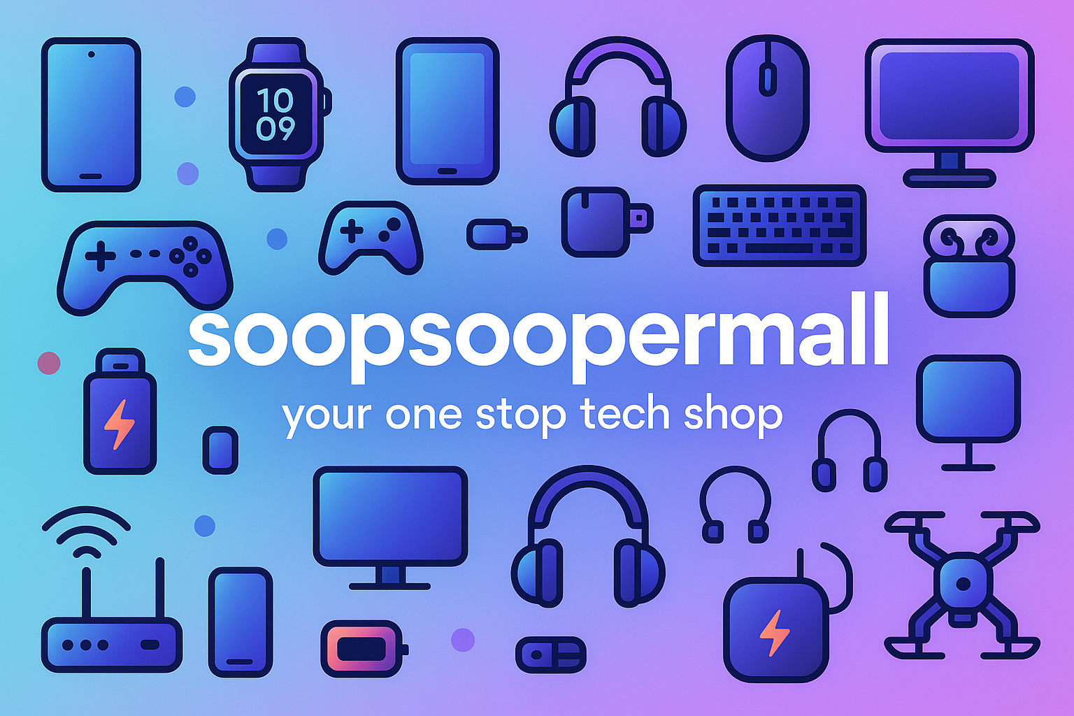design a website banner of an it gadget store
title soopsoopermall
subtitle your one stop tech shop
there should be lots icons of gadgets 