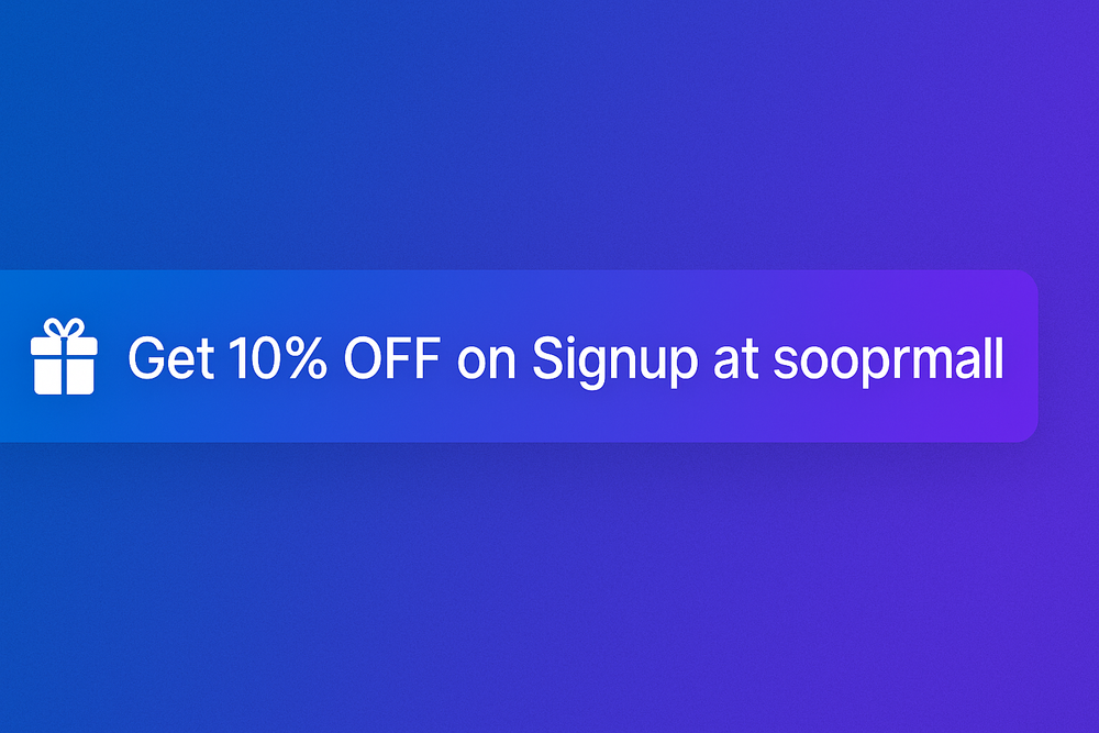 make a banner 400px width 40px height, offering 10% on signup on soopermall (it gadget store)   