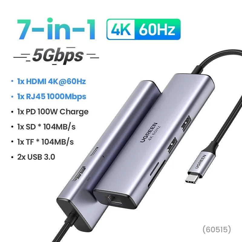 UGREEN CM512 7in1 USB-C to HDMI*2 USB-A 3.0*2 PD 100W*1 RJ45 (Gigabit)*1 SD/TF*1 HUB 60515